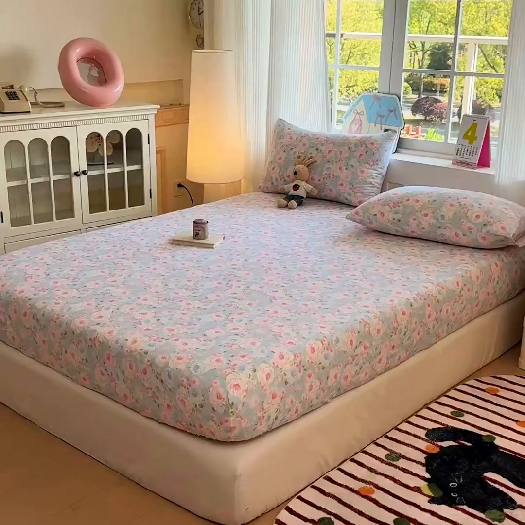 91家纺网 家纺一手货源 找家纺 温眠家纺 2025春夏新款云感棉双层纱床笠单床笠枕套三件套 晚香玉