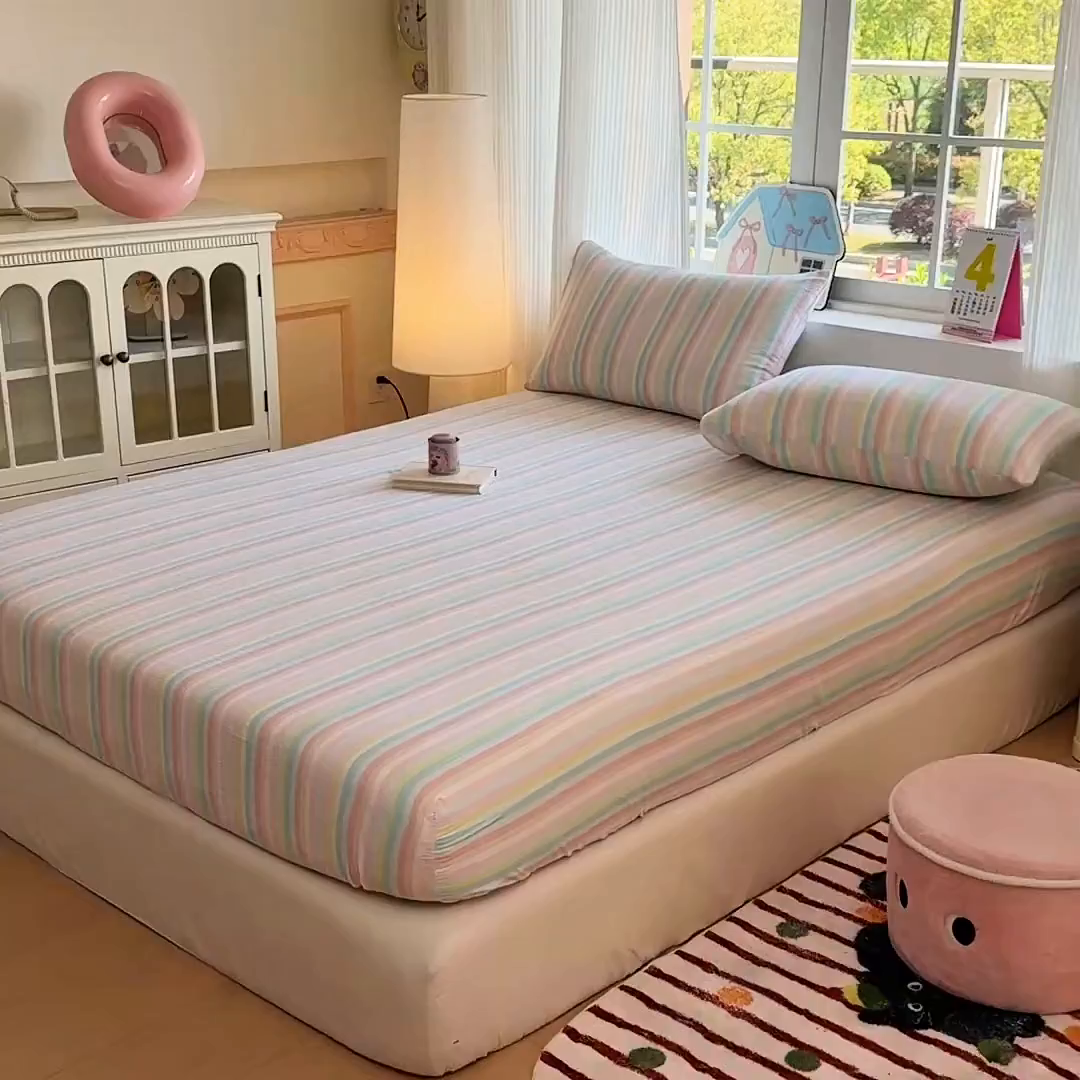 91家纺网 家纺一手货源 找家纺 温眠家纺 2025春夏新款云感棉双层纱床笠单床笠枕套三件套 遇见彩虹