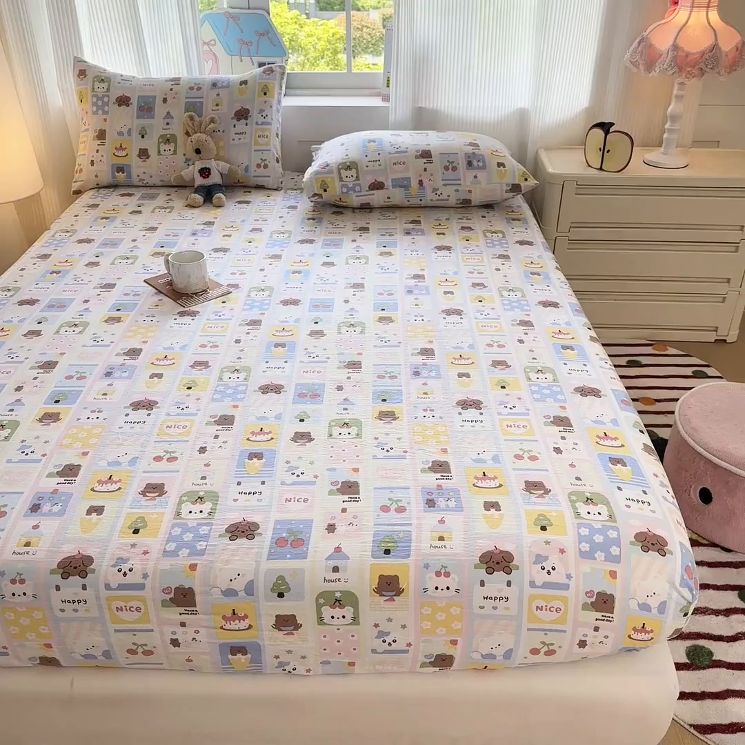 91家纺网 家纺一手货源 找家纺 温眠家纺 2025春夏新款云感棉双层纱床笠单床笠枕套三件套 春日花花