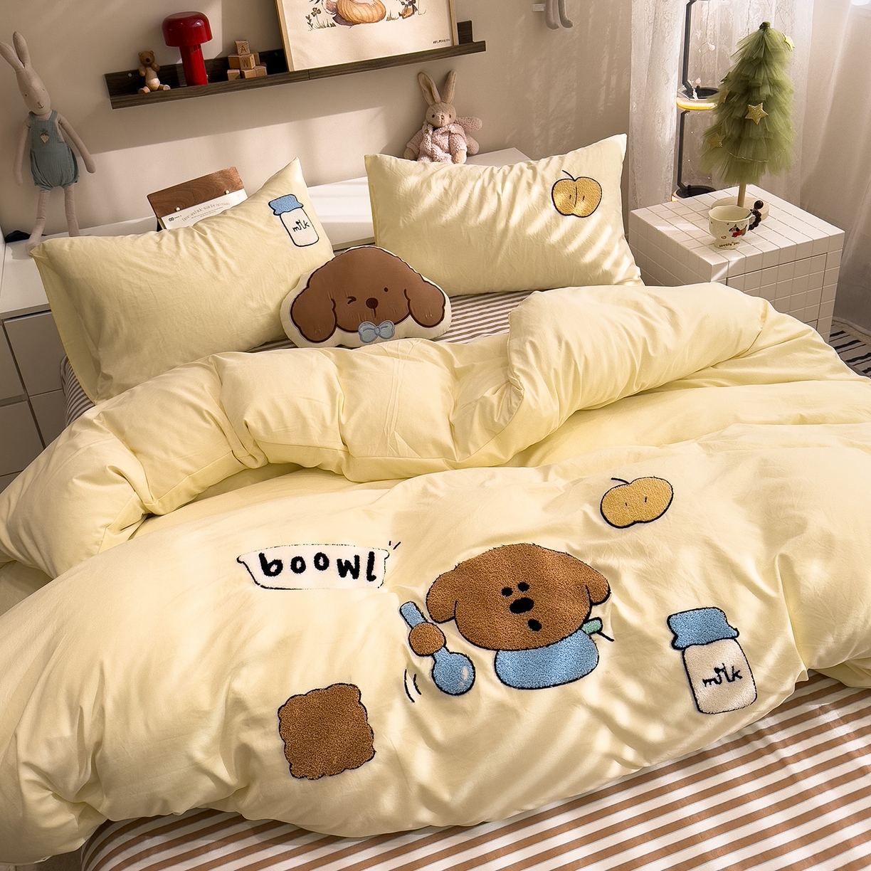 曼谷家纺 2026新款卡通水洗棉毛巾绣四件套被套 苹果牛奶-芝士咖条