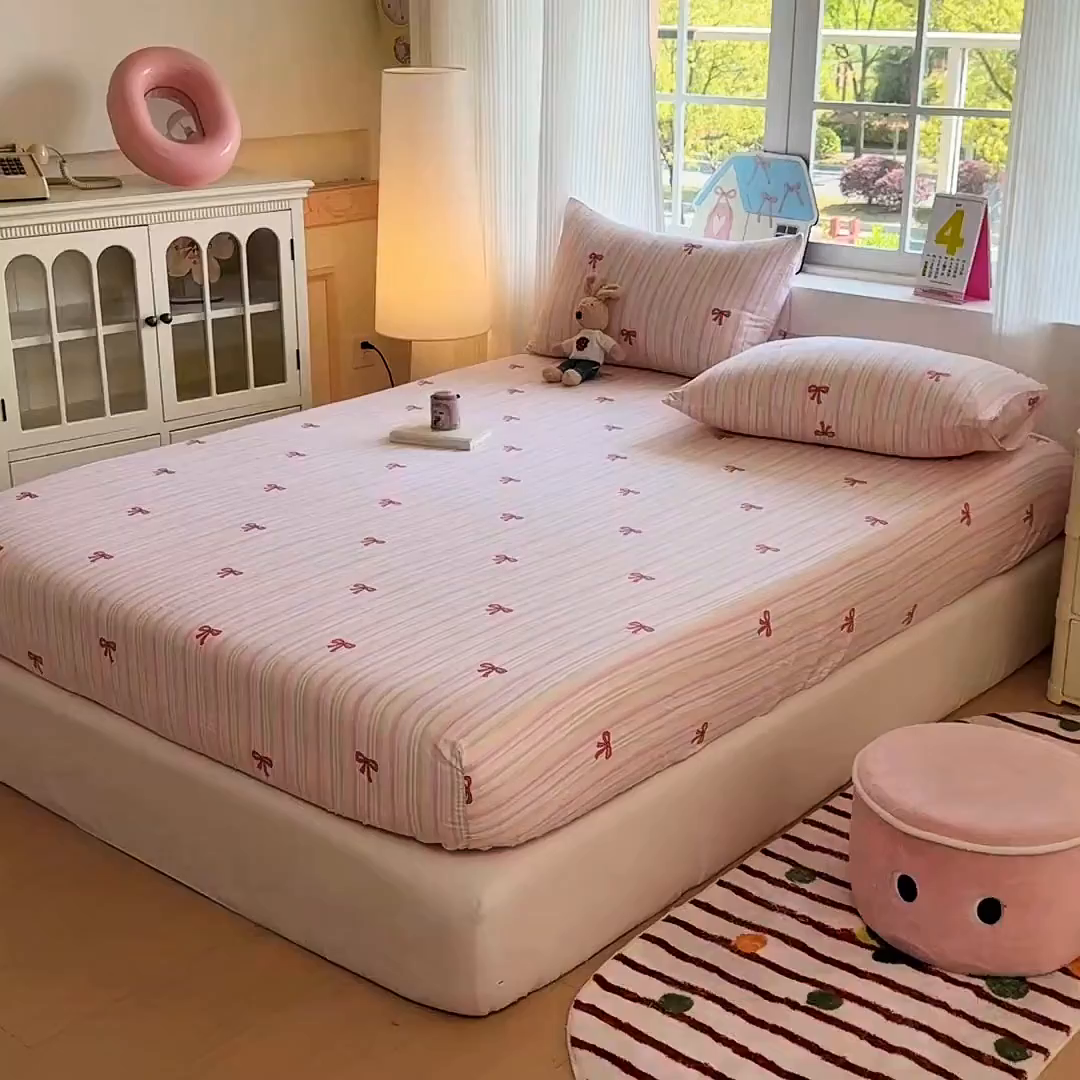 91家纺网 家纺一手货源 找家纺 温眠家纺 2025春夏新款云感棉双层纱床笠单床笠枕套三件套 蝴蝶结