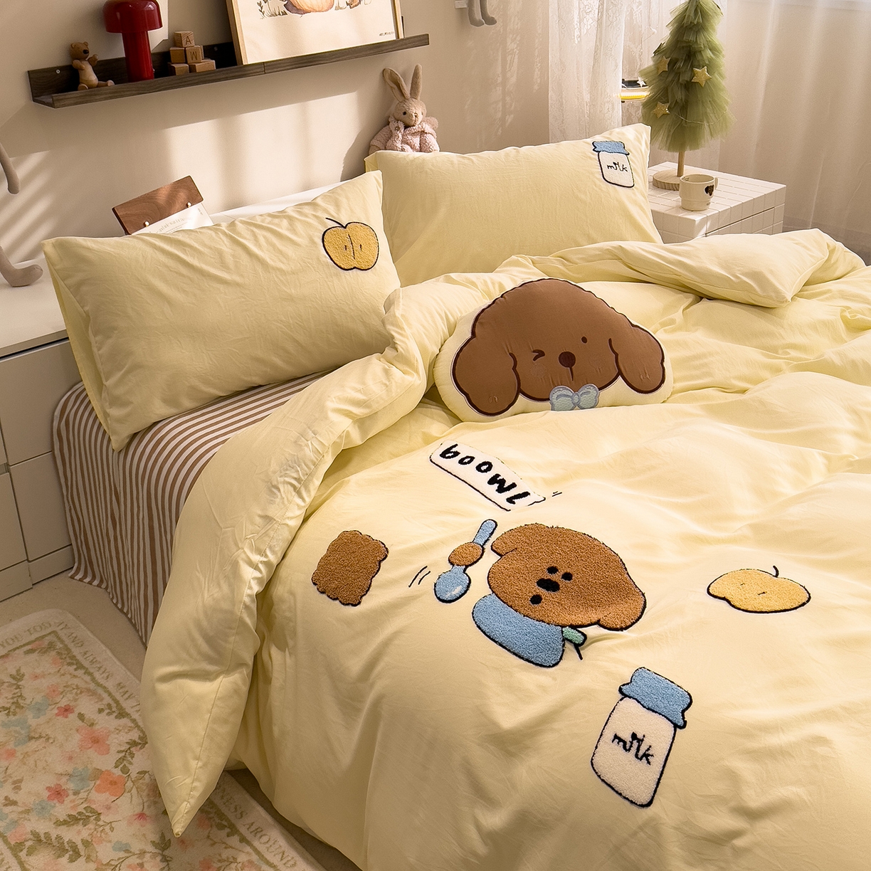 91家纺网 家纺一手货源 找家纺 曼谷家纺 2026新款卡通水洗棉毛巾绣四件套被套 苹果牛奶-芝士咖条