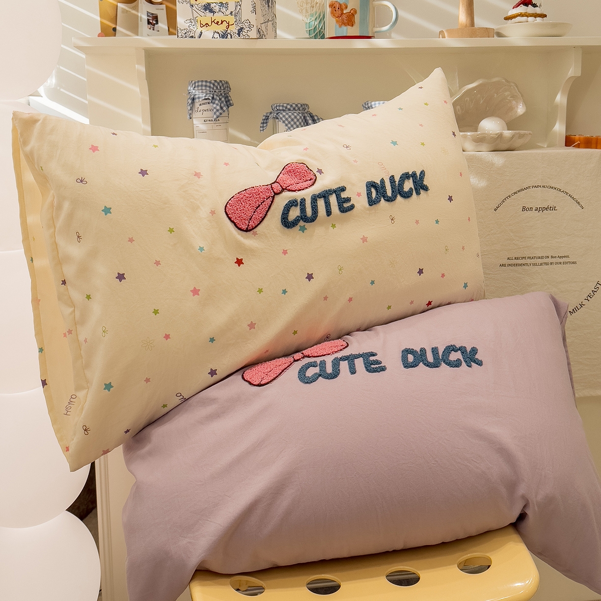 91家纺网 家纺一手货源 找家纺 曼谷家纺 2026新款卡通水洗棉毛巾绣四件套被套 达达鸭-星星紫