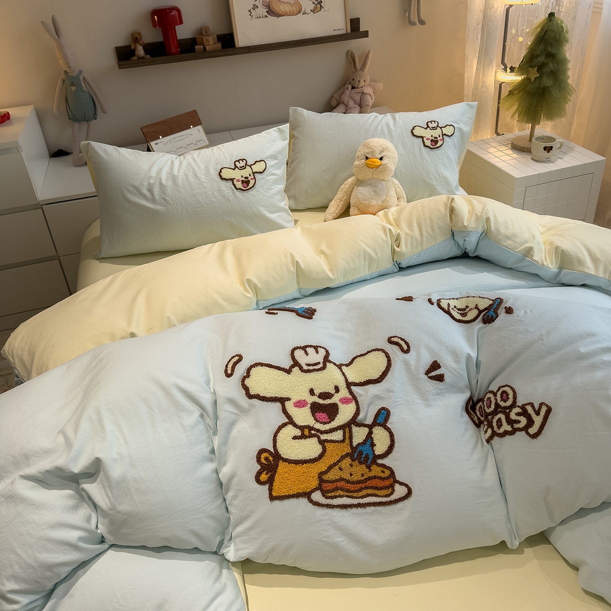 曼谷家纺 2026新款卡通水洗棉毛巾绣四件套被套 超美味-薄荷芝士