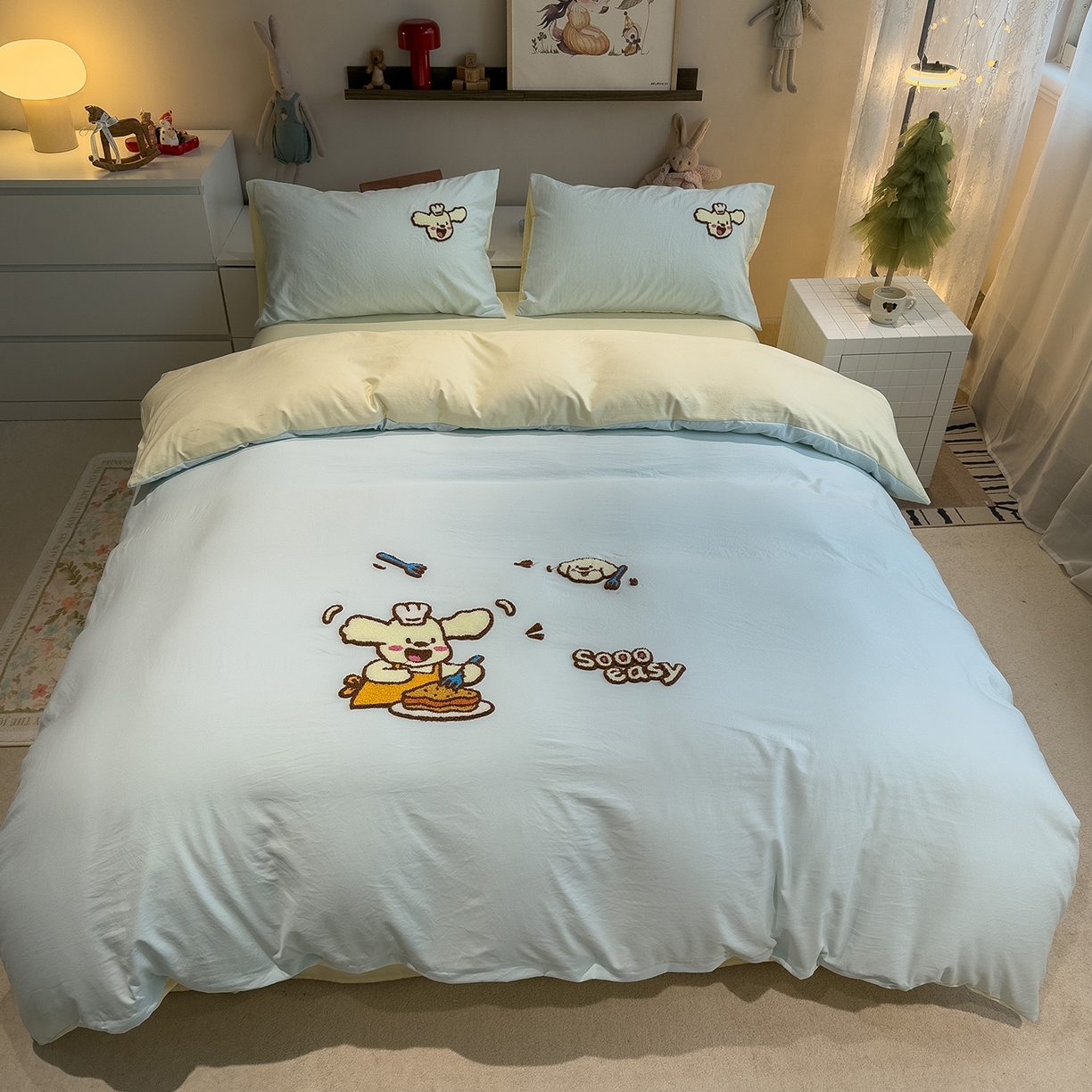 91家纺网 家纺一手货源 找家纺 曼谷家纺 2026新款卡通水洗棉毛巾绣四件套被套 超美味-薄荷芝士
