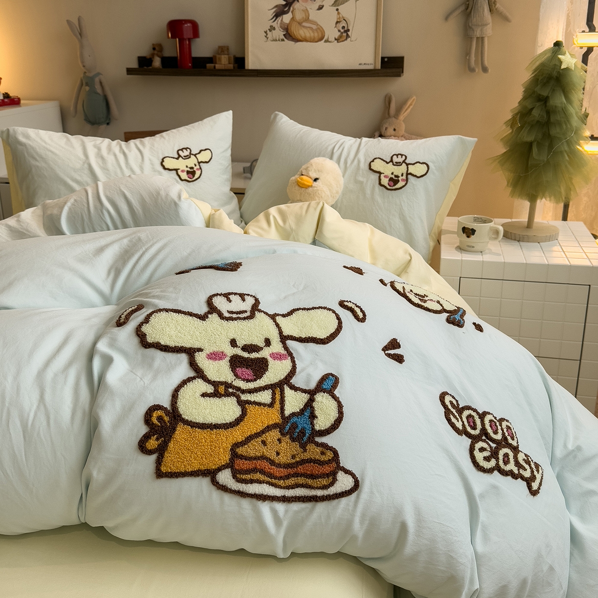 91家纺网 家纺一手货源 找家纺 曼谷家纺 2026新款卡通水洗棉毛巾绣四件套被套 超美味-薄荷芝士