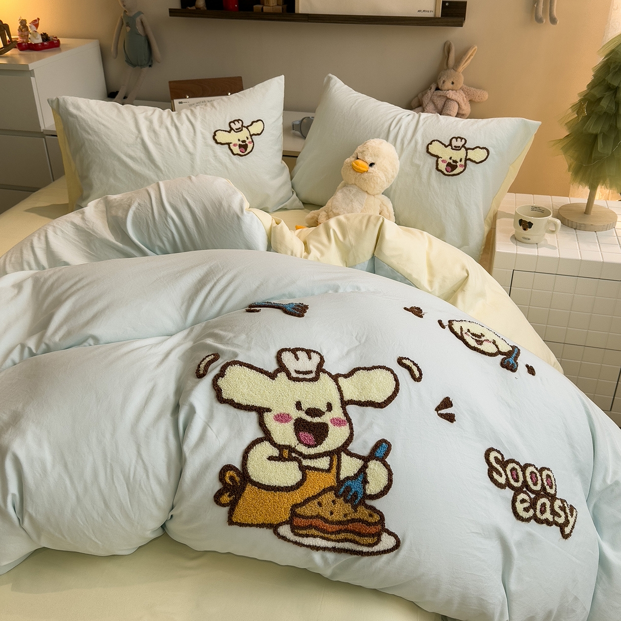 91家纺网 家纺一手货源 找家纺 曼谷家纺 2026新款卡通水洗棉毛巾绣四件套被套 超美味-薄荷芝士