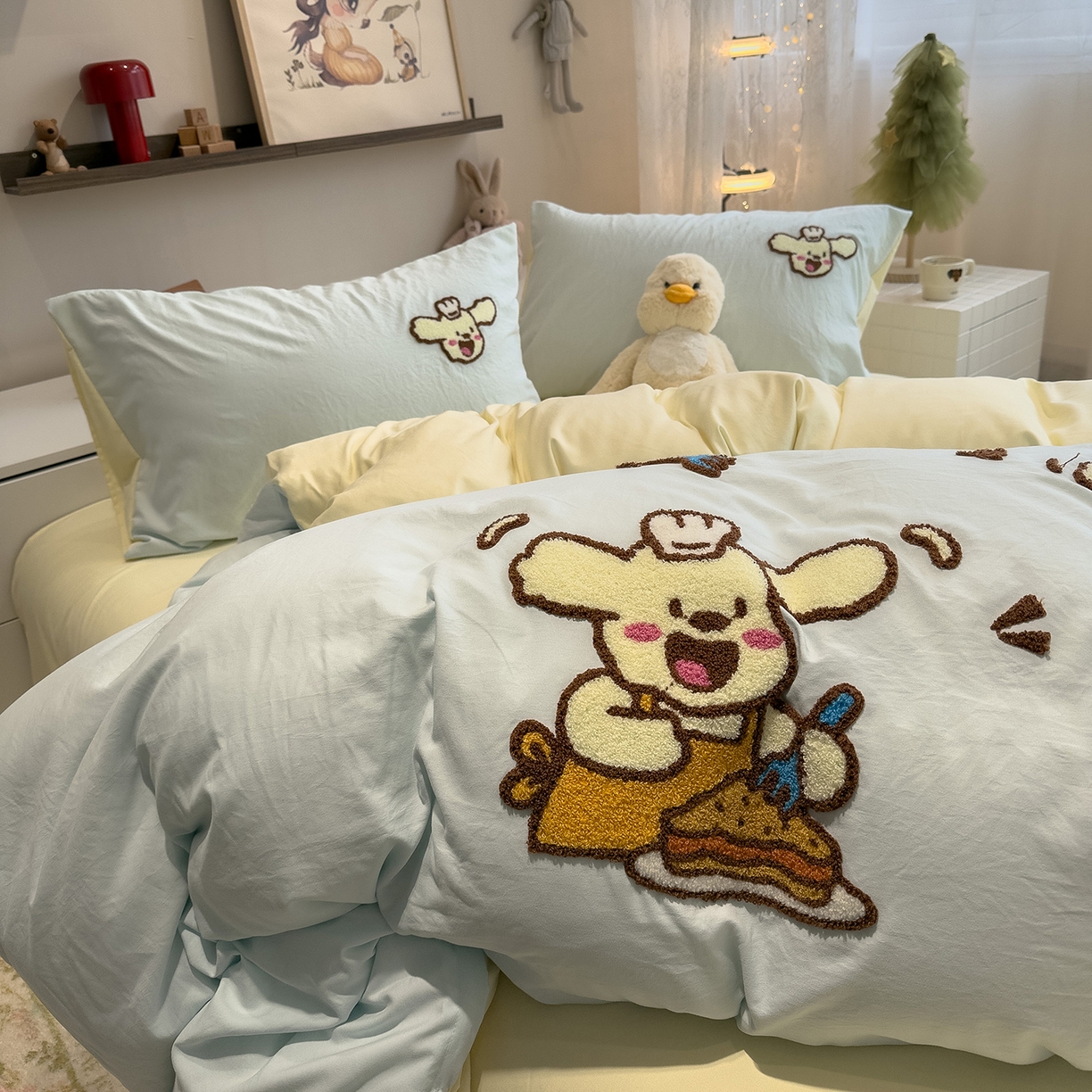 91家纺网 家纺一手货源 找家纺 曼谷家纺 2026新款卡通水洗棉毛巾绣四件套被套 超美味-薄荷芝士