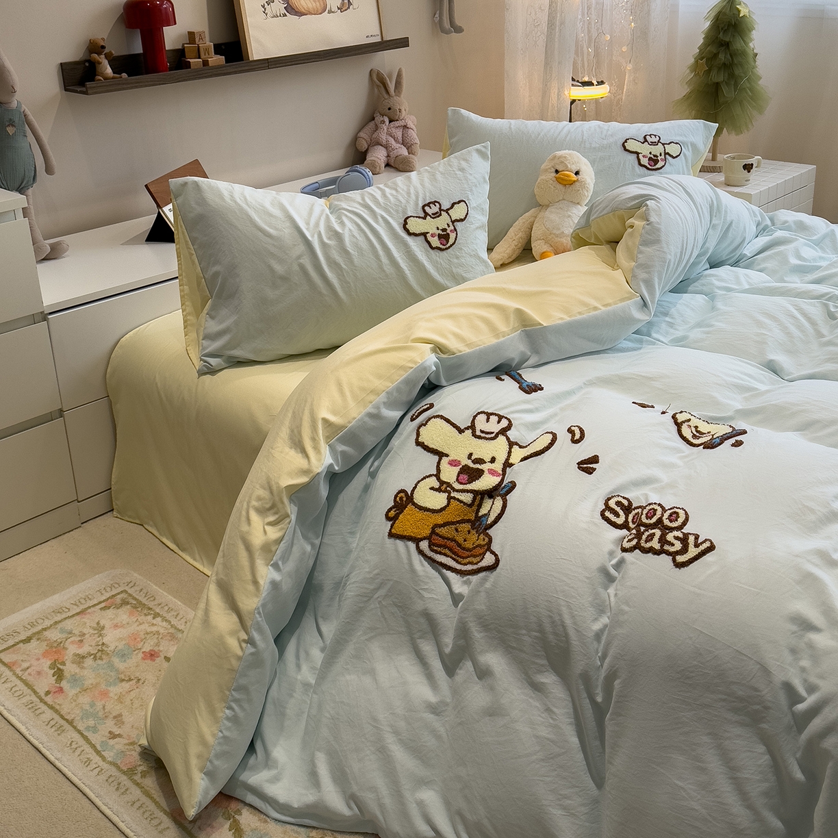 91家纺网 家纺一手货源 找家纺 曼谷家纺 2026新款卡通水洗棉毛巾绣四件套被套 超美味-薄荷芝士
