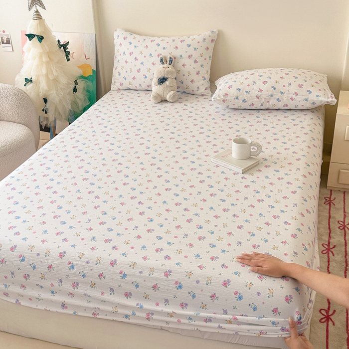 温眠家纺 2025春夏新款云感棉双层纱床笠单床笠枕套三件套场景二 铃兰春信