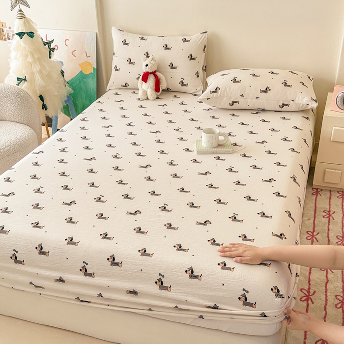 温眠家纺 2025春夏新款云感棉双层纱床笠单床笠枕套三件套场景二 腊肠狗