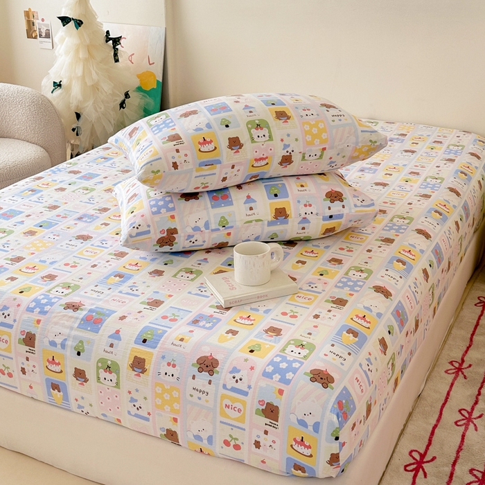 91家纺网 家纺一手货源 找家纺 温眠家纺 2025春夏新款云感棉双层纱床笠单床笠枕套三件套场景二 春日花花