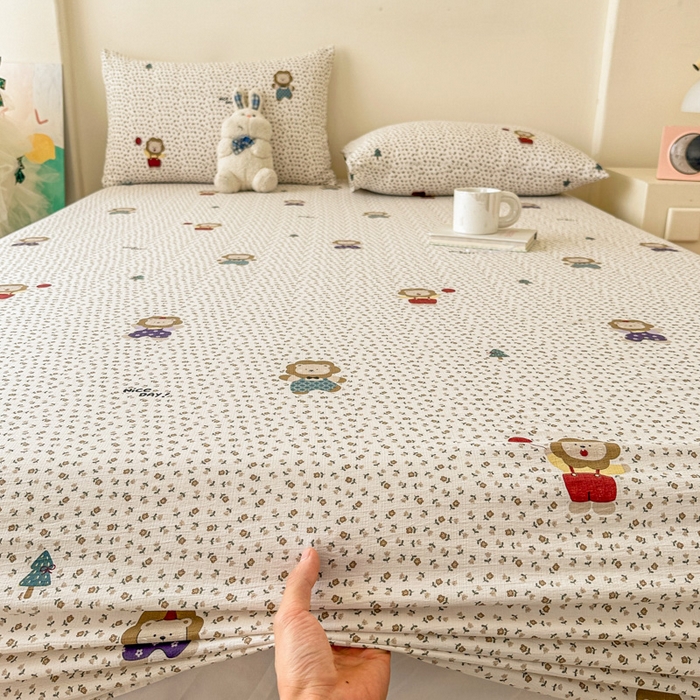 91家纺网 家纺一手货源 找家纺 温眠家纺 2025春夏新款云感棉双层纱床笠单床笠枕套三件套场景二 甜茶