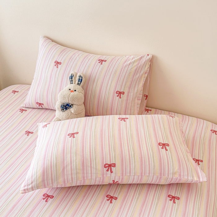 91家纺网 家纺一手货源 找家纺 温眠家纺 2025春夏新款云感棉双层纱床笠单床笠枕套三件套场景二 蝴蝶结