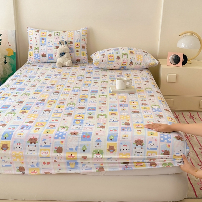 91家纺网 家纺一手货源 找家纺 温眠家纺 2025春夏新款云感棉双层纱床笠单床笠枕套三件套场景二 春日花花