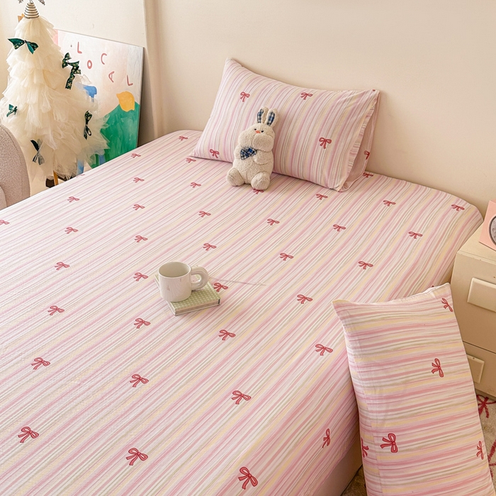 91家纺网 家纺一手货源 找家纺 温眠家纺 2025春夏新款云感棉双层纱床笠单床笠枕套三件套场景二 蝴蝶结