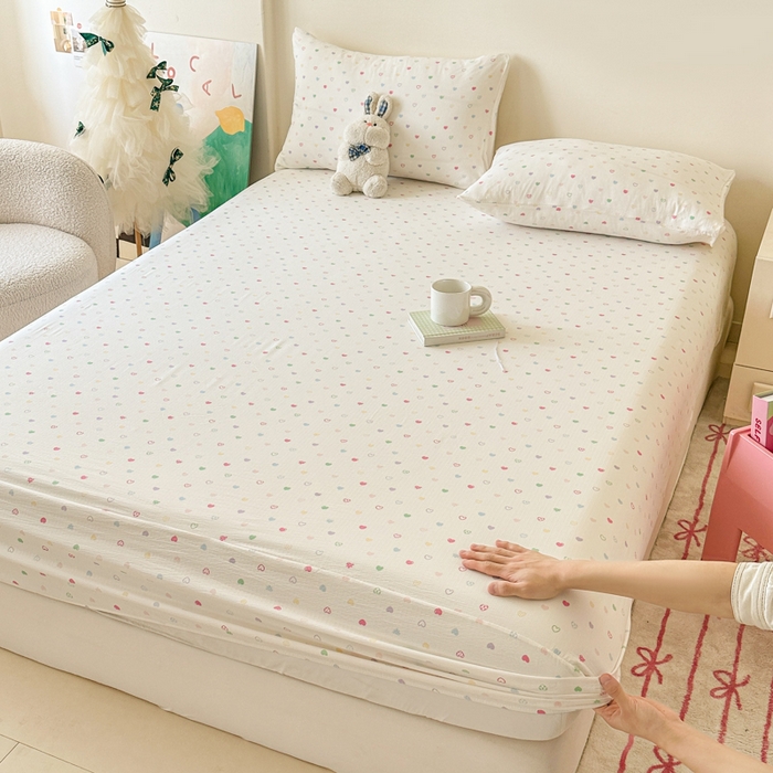 91家纺网 家纺一手货源 找家纺 （总）温眠家纺 2025春夏新款云感棉双层纱床笠单床笠枕套三件套场景二