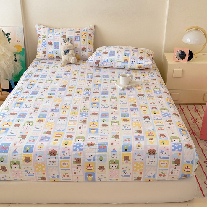 91家纺网 家纺一手货源 找家纺 温眠家纺 2025春夏新款云感棉双层纱床笠单床笠枕套三件套场景二 春日花花