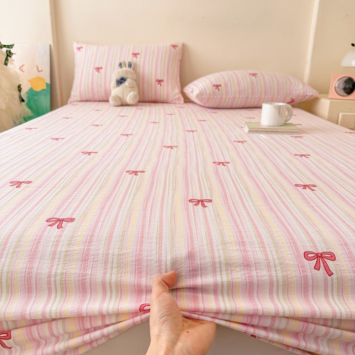 91家纺网 家纺一手货源 找家纺 温眠家纺 2025春夏新款云感棉双层纱床笠单床笠枕套三件套场景二 蝴蝶结