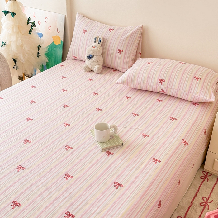 91家纺网 家纺一手货源 找家纺 温眠家纺 2025春夏新款云感棉双层纱床笠单床笠枕套三件套场景二 蝴蝶结