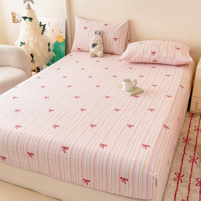 91家纺网 家纺一手货源 找家纺 温眠家纺 2025春夏新款云感棉双层纱床笠单床笠枕套三件套场景二 蝴蝶结