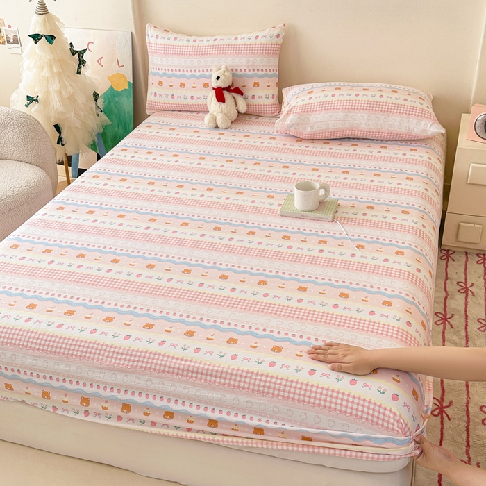 温眠家纺 2025春夏新款云感棉双层纱床笠单床笠枕套三件套场景二 草莓蛋糕