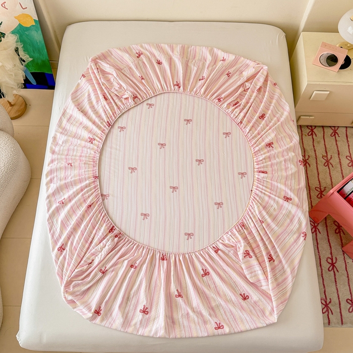 91家纺网 家纺一手货源 找家纺 温眠家纺 2025春夏新款云感棉双层纱床笠单床笠枕套三件套场景二 蝴蝶结