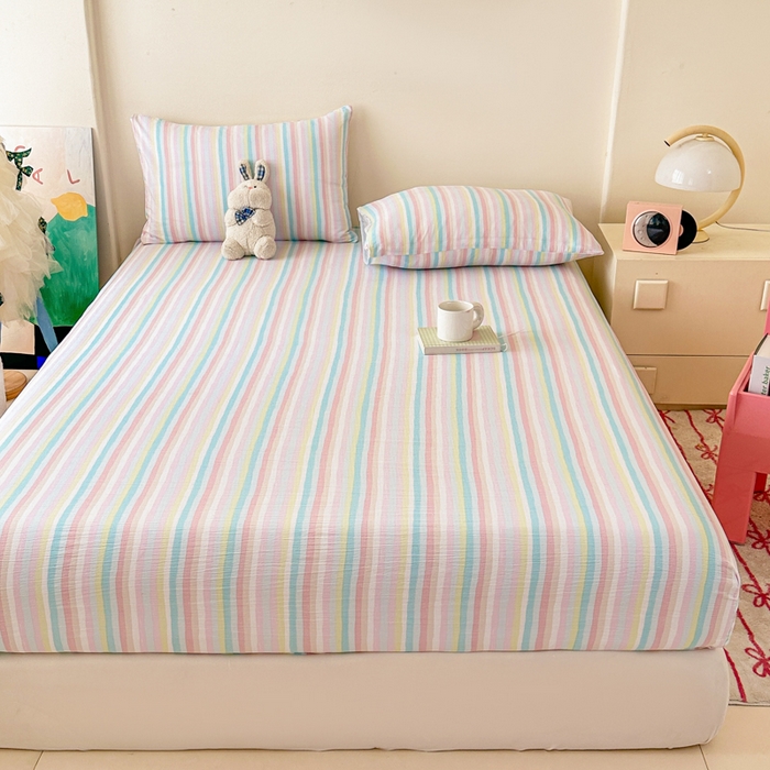 91家纺网 家纺一手货源 找家纺 温眠家纺 2025春夏新款云感棉双层纱床笠单床笠枕套三件套场景二 遇见彩虹