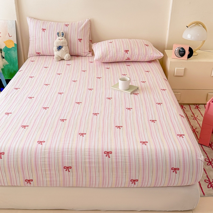 91家纺网 家纺一手货源 找家纺 温眠家纺 2025春夏新款云感棉双层纱床笠单床笠枕套三件套场景二 蝴蝶结