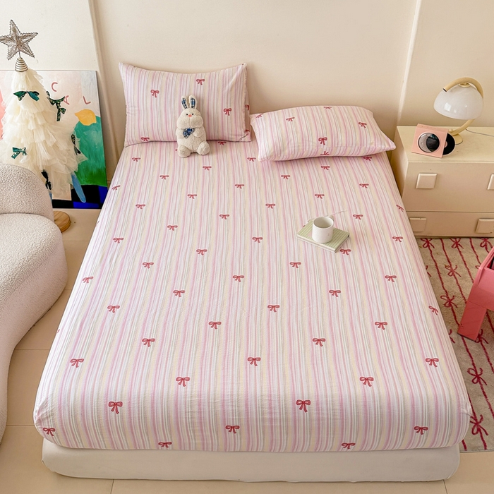 91家纺网 家纺一手货源 找家纺 温眠家纺 2025春夏新款云感棉双层纱床笠单床笠枕套三件套场景二 蝴蝶结