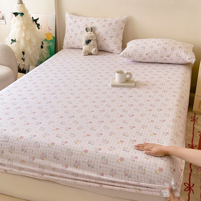 91家纺网 家纺一手货源 找家纺 （总）温眠家纺 2025春夏新款云感棉双层纱床笠单床笠枕套三件套场景二