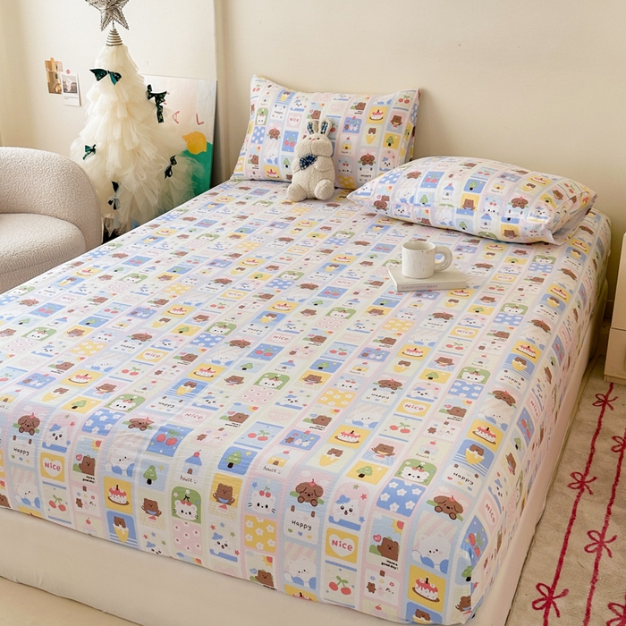 91家纺网 家纺一手货源 找家纺 温眠家纺 2025春夏新款云感棉双层纱床笠单床笠枕套三件套场景二 春日花花