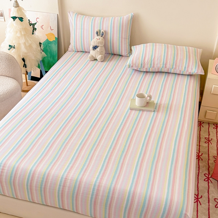 91家纺网 家纺一手货源 找家纺 温眠家纺 2025春夏新款云感棉双层纱床笠单床笠枕套三件套场景二 遇见彩虹