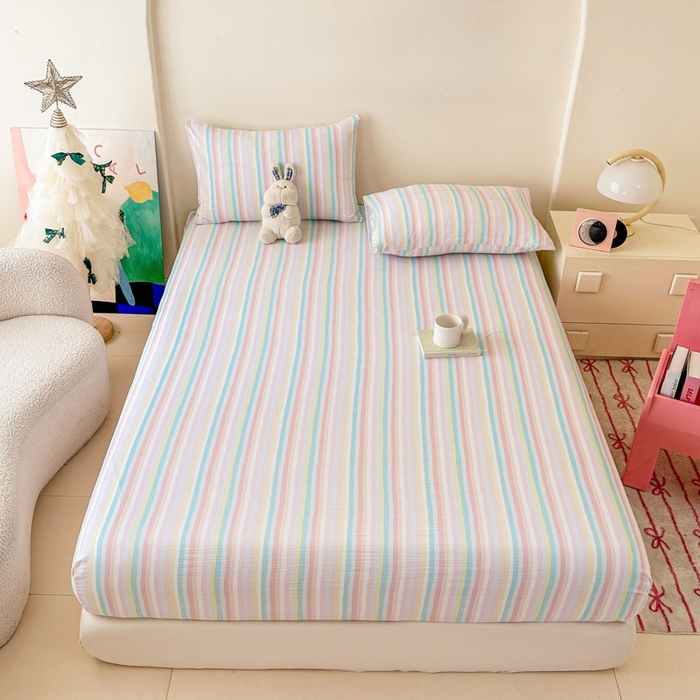 91家纺网 家纺一手货源 找家纺 温眠家纺 2025春夏新款云感棉双层纱床笠单床笠枕套三件套场景二 遇见彩虹