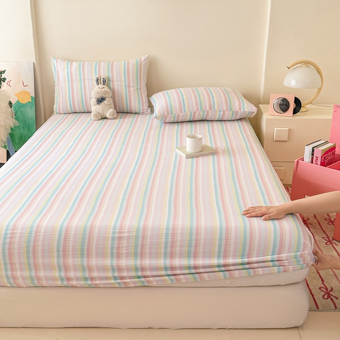 91家纺网 家纺一手货源 找家纺 温眠家纺 2025春夏新款云感棉双层纱床笠单床笠枕套三件套场景二 遇见彩虹