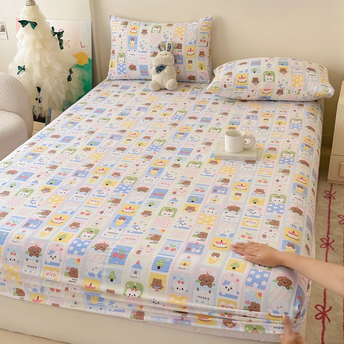 91家纺网 家纺一手货源 找家纺 温眠家纺 2025春夏新款云感棉双层纱床笠单床笠枕套三件套场景二 春日花花