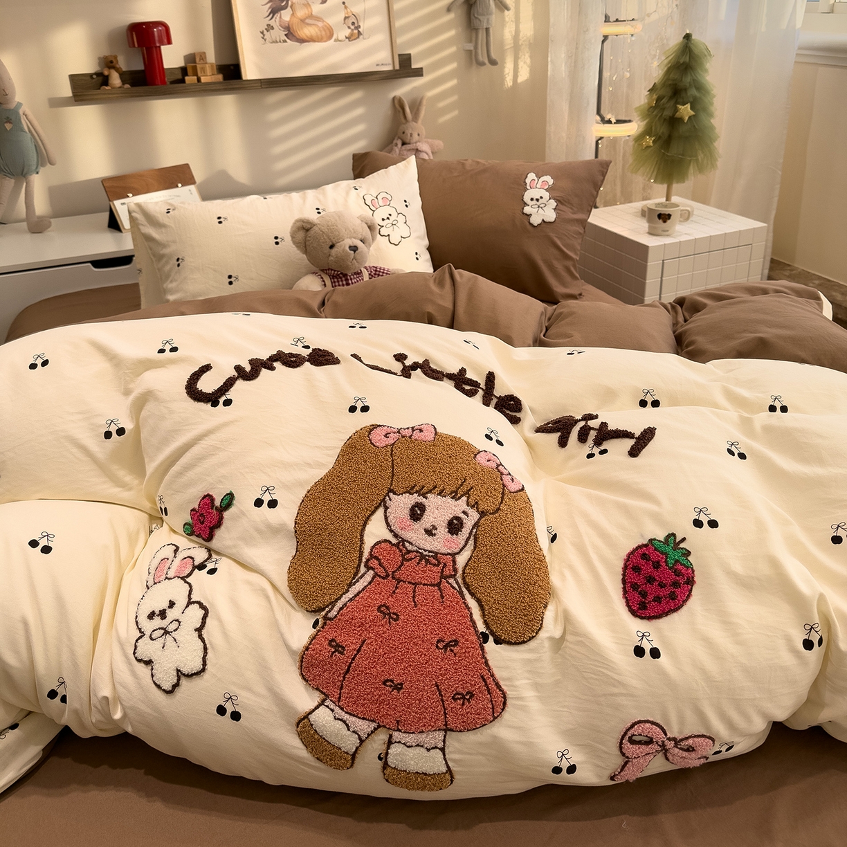 曼谷家纺 2026新款卡通水洗棉毛巾绣四件套被套 小女孩