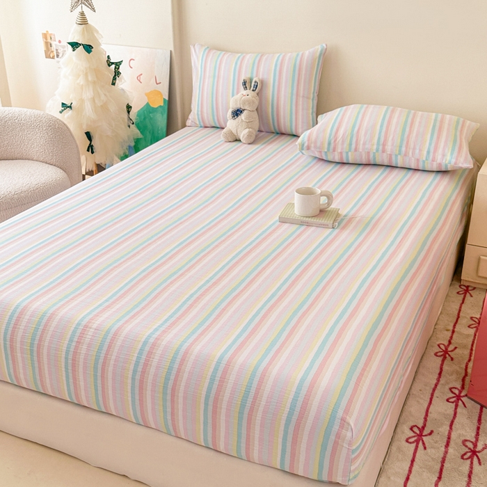 91家纺网 家纺一手货源 找家纺 温眠家纺 2025春夏新款云感棉双层纱床笠单床笠枕套三件套场景二 遇见彩虹