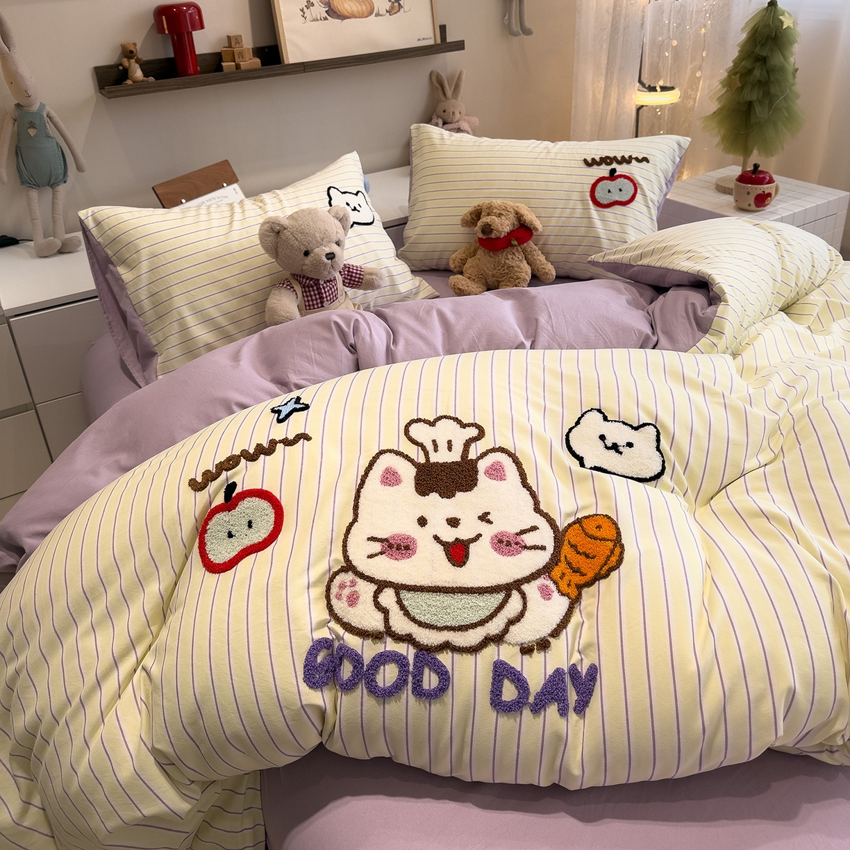曼谷家纺 2026新款卡通水洗棉毛巾绣四件套被套 小鱼喵喵酱-紫条