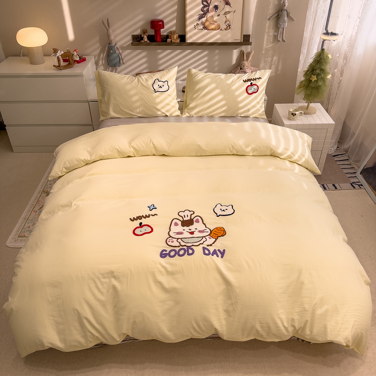 91家纺网 家纺一手货源 找家纺 曼谷家纺 2026新款卡通水洗棉毛巾绣四件套被套 小鱼喵喵酱-芝士咖条