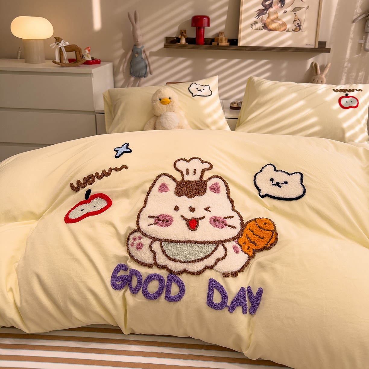 91家纺网 家纺一手货源 找家纺 曼谷家纺 2026新款卡通水洗棉毛巾绣四件套被套 小鱼喵喵酱-芝士咖条
