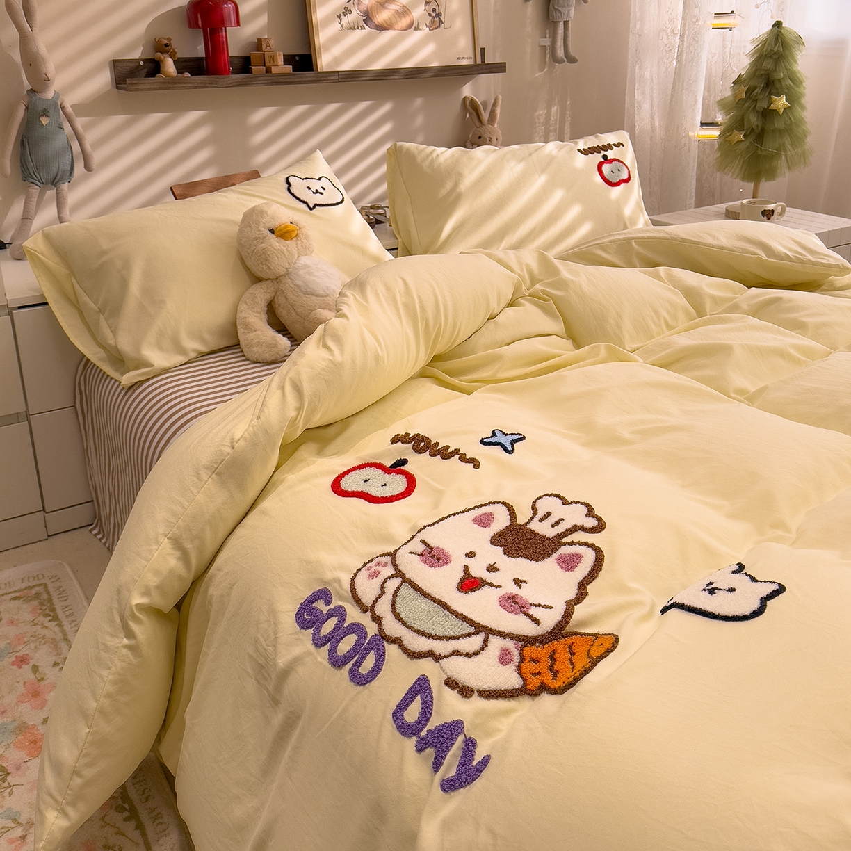 91家纺网 家纺一手货源 找家纺 曼谷家纺 2026新款卡通水洗棉毛巾绣四件套被套 小鱼喵喵酱-芝士咖条
