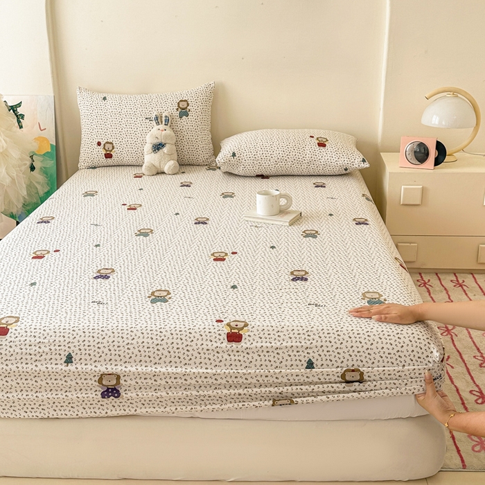 91家纺网 家纺一手货源 找家纺 温眠家纺 2025春夏新款云感棉双层纱床笠单床笠枕套三件套场景二 甜茶