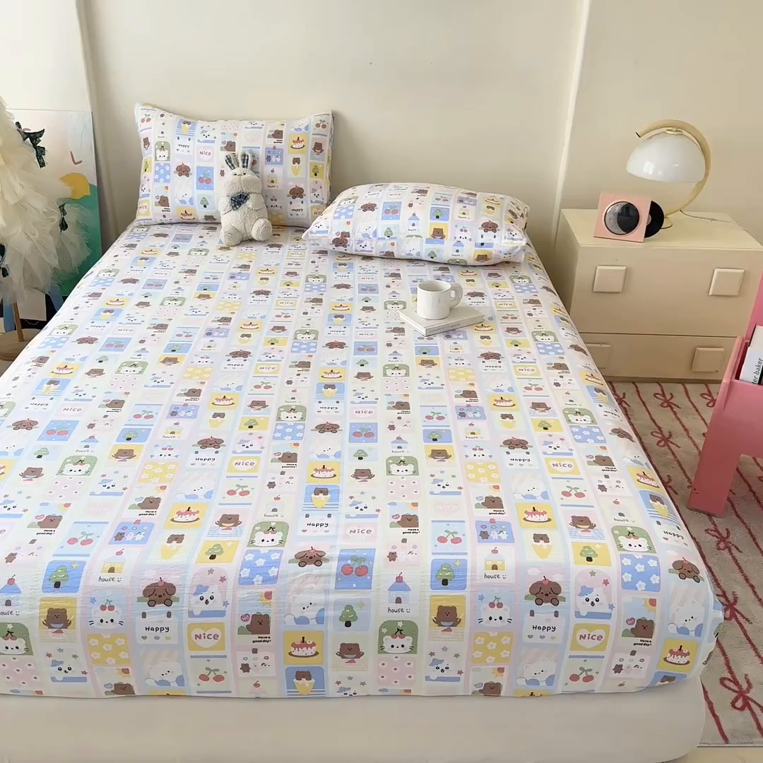 91家纺网 家纺一手货源 找家纺 温眠家纺 2025春夏新款云感棉双层纱床笠单床笠枕套三件套场景二 春日花花