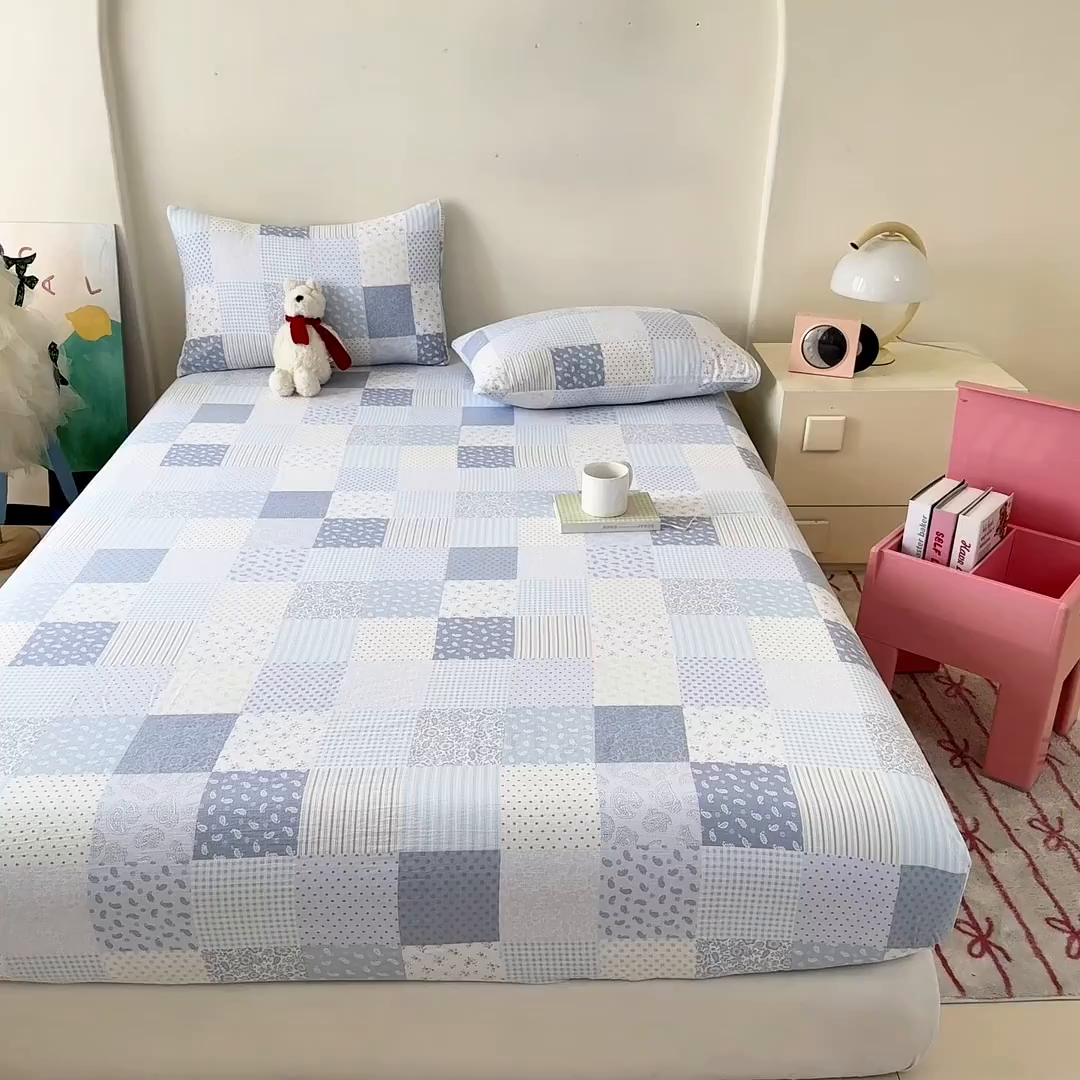 91家纺网 家纺一手货源 找家纺 （总）温眠家纺 2025春夏新款云感棉双层纱床笠单床笠枕套三件套场景二