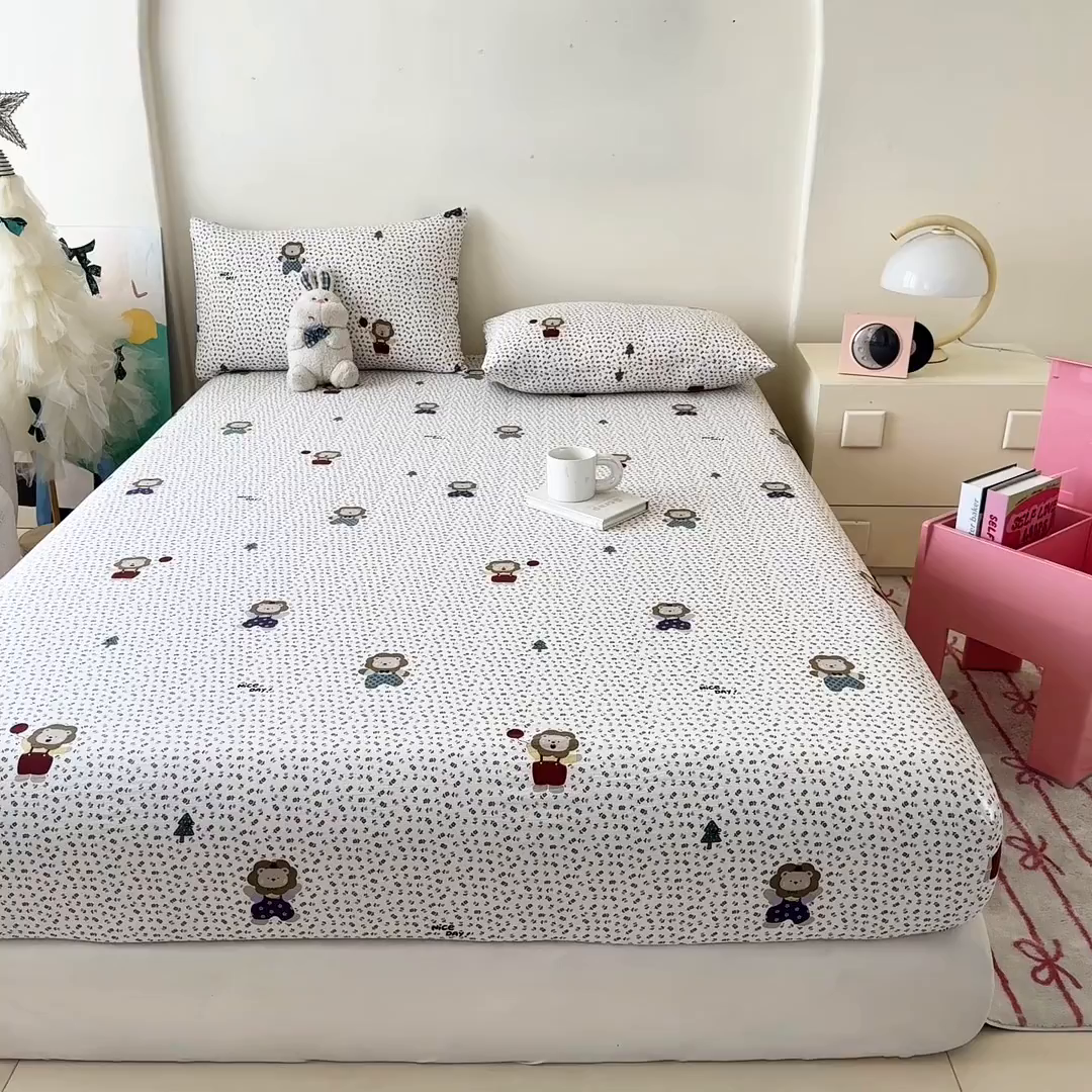 91家纺网 家纺一手货源 找家纺 温眠家纺 2025春夏新款云感棉双层纱床笠单床笠枕套三件套场景二 甜茶