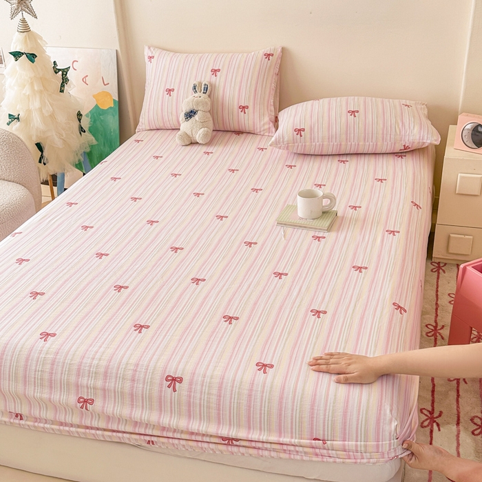 91家纺网 家纺一手货源 找家纺 温眠家纺 2025春夏新款云感棉双层纱床笠单床笠枕套三件套场景二 蝴蝶结