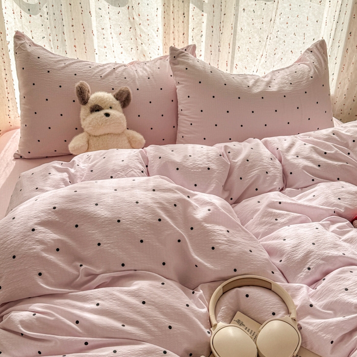 91家纺网 家纺一手货源 找家纺 温眠家纺 2025新款云感针织双层纱四件套-第二波 奶昔波点