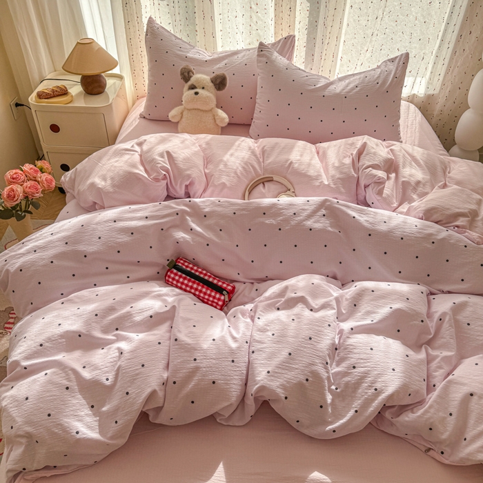 91家纺网 家纺一手货源 找家纺 温眠家纺 2025新款云感针织双层纱四件套-第二波 奶昔波点