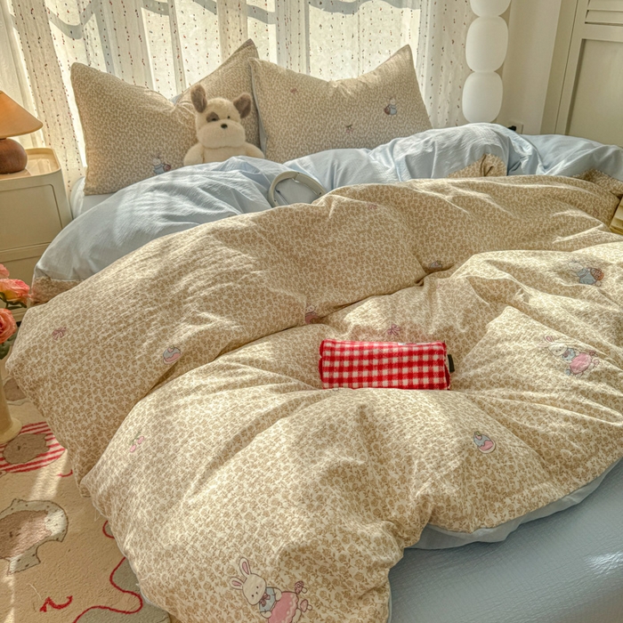 91家纺网 家纺一手货源 找家纺 温眠家纺 2025新款云感针织双层纱四件套-第二波 樱桃小兔